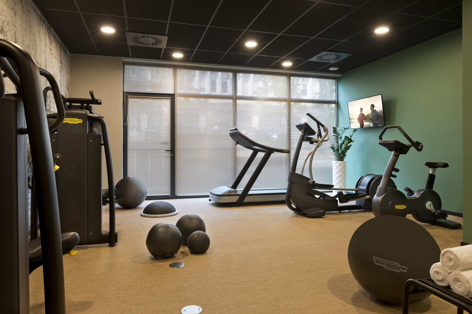 Fitness centre equipped with treadmill, gym ball and elliptical bike, apart hotel Strasbourg